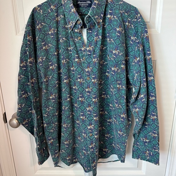 Blue/Green  Equestrian Patterned Button-Up Shirt - Picture 1 of 5